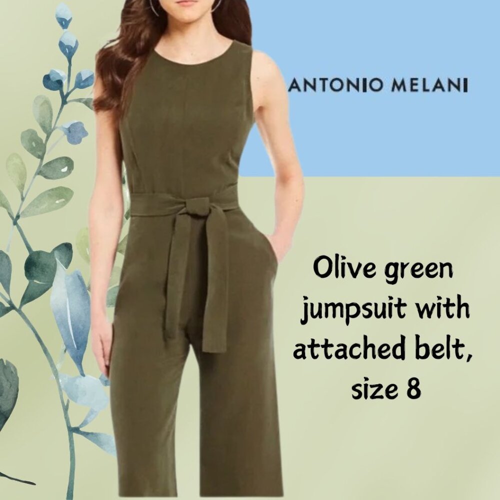 gently used Antonio Melani olive jumpsuit with attached belt, size 8